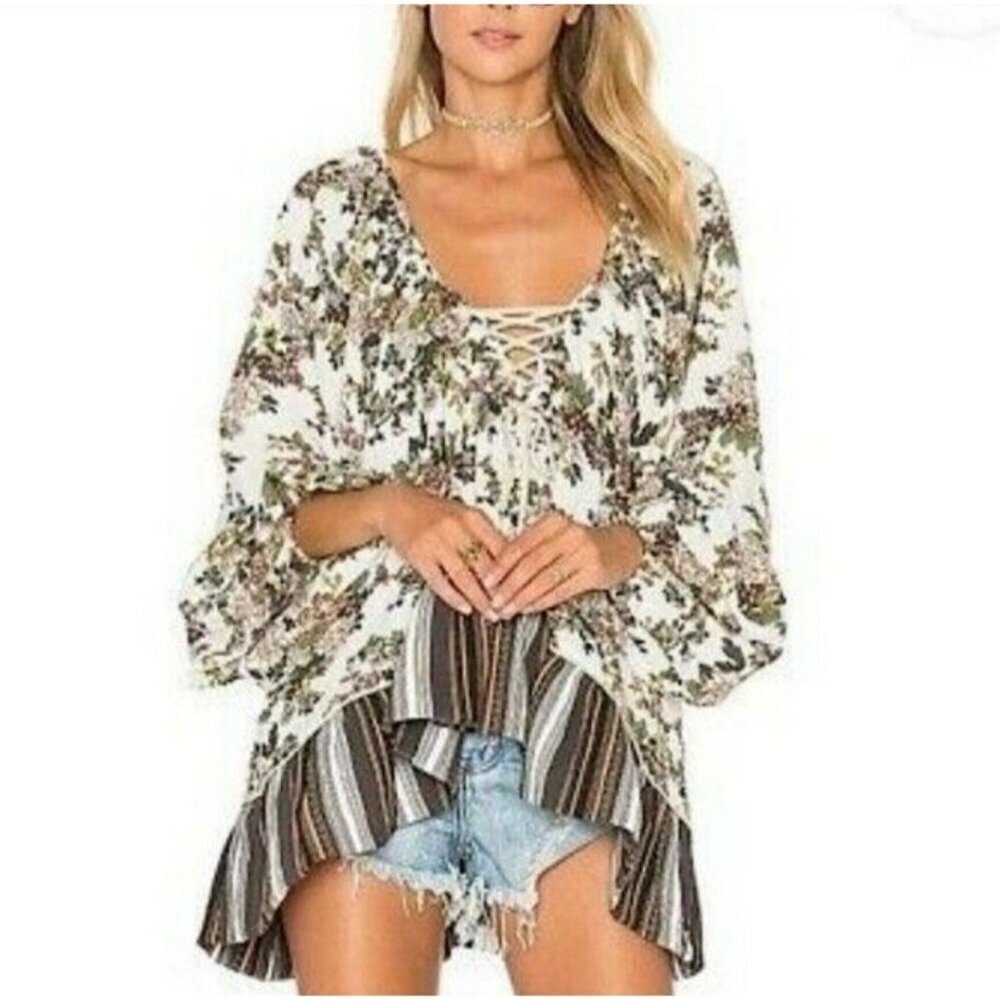 One Teaspoon Peasant Blouse Small Floral‎ Lace up High Low Cottagecore fairy